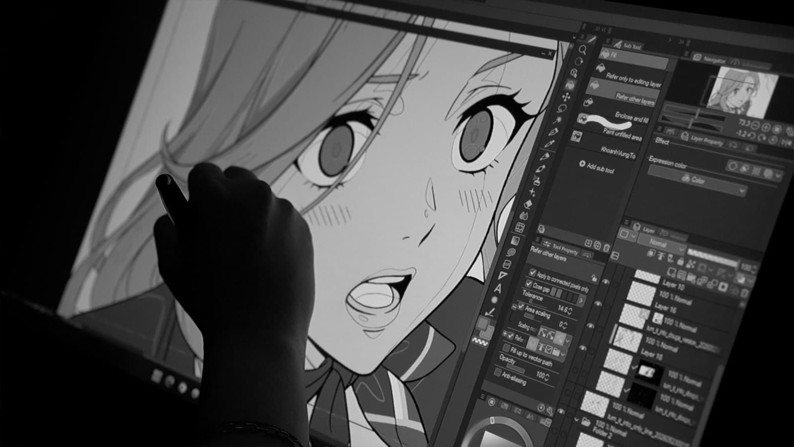 An artist drawing an anime character on a pen display.